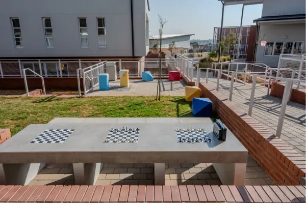 Outdoor chess tables on the deck