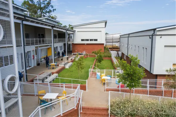 An aerial view of the central courtyard between the Prep and High School classrooms