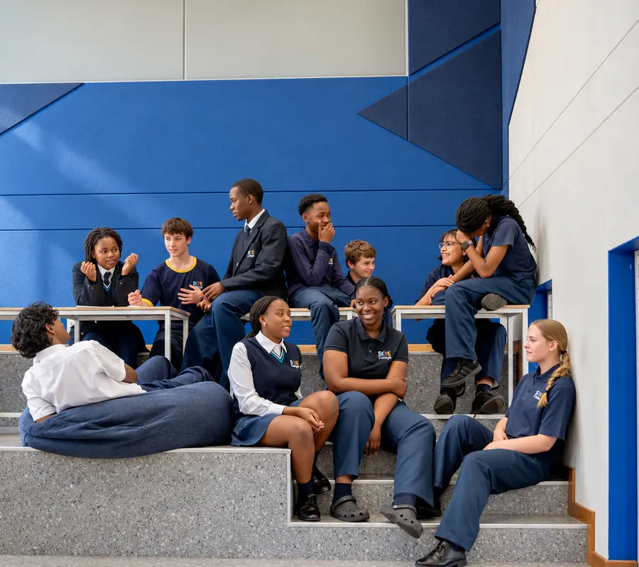High School students relaxing together on the tiered seating in a bright learning space